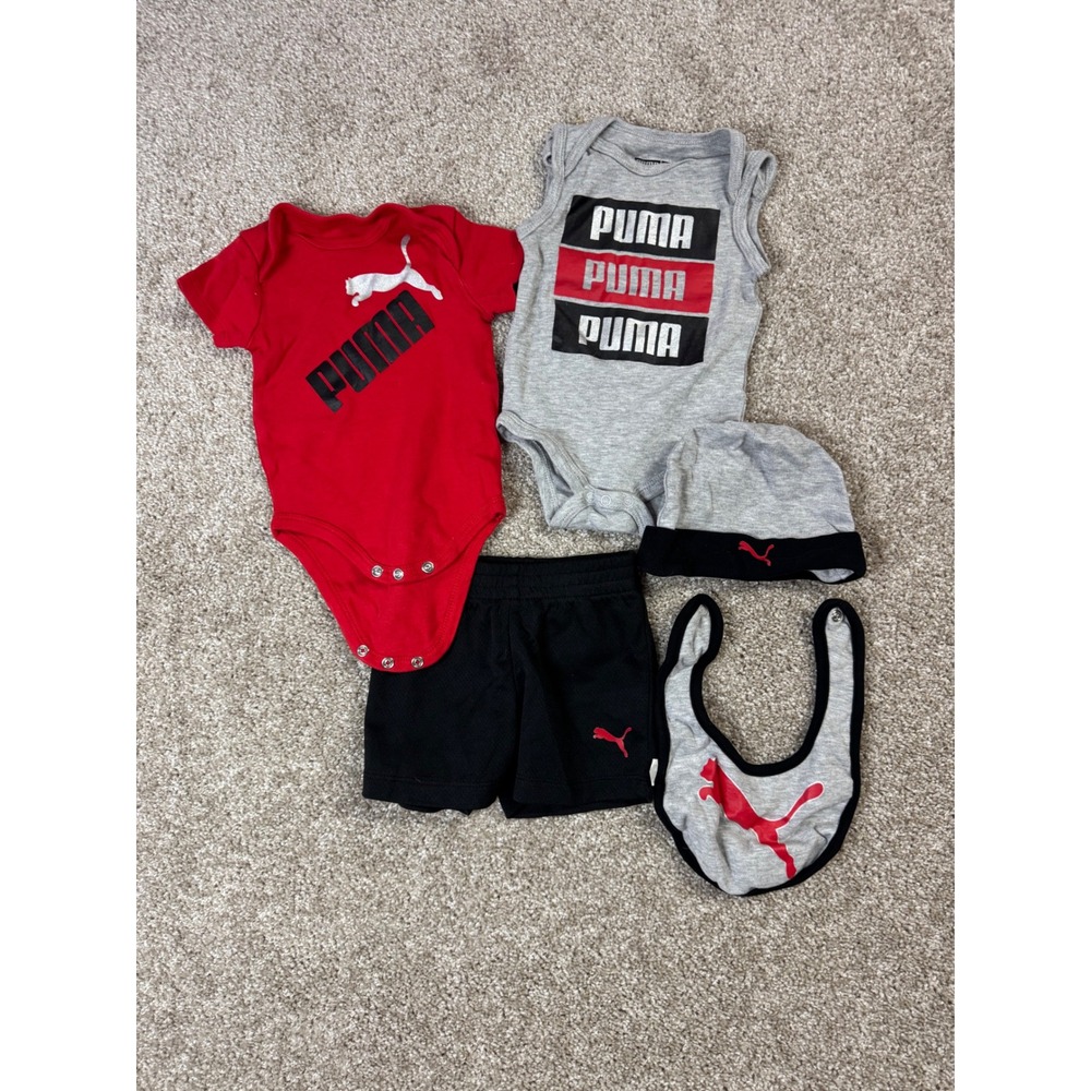 Puma Baby Boy 5 Piece Set Bodysuits Shorts Hat Bib Red Black Grey 0-3 Months